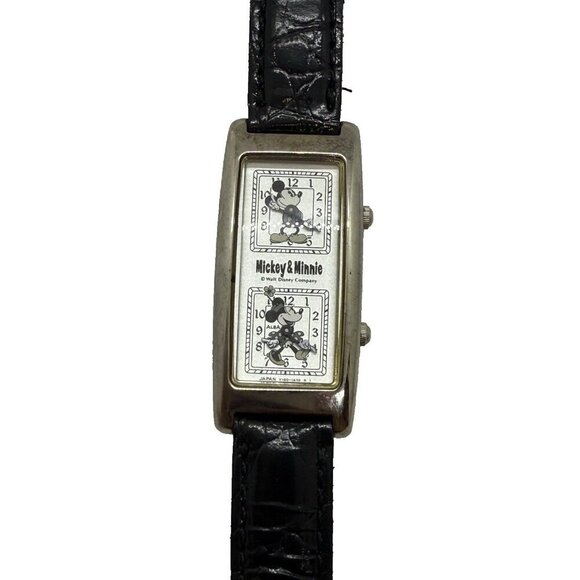 Seiko Alba Disney Mickey Minnie Dual Time Watch Y150-5H60 Quartz Black Leather